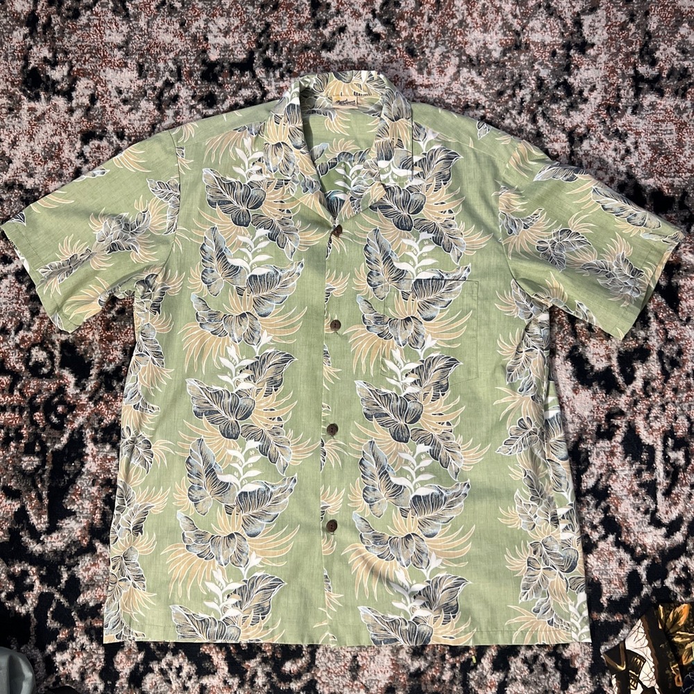 Vtg Royal Creations Hawaii Mens 4XL Short Slv Leaf Tropical Camp Shirt Green Tan